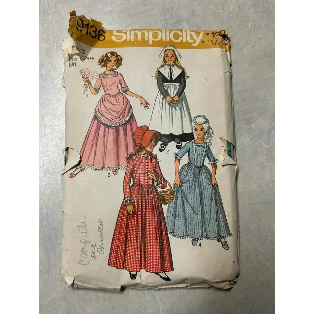 Vintage‎ 70's-80's Simplicity Pattern #9136 Girls Puritan Costumes Size 10